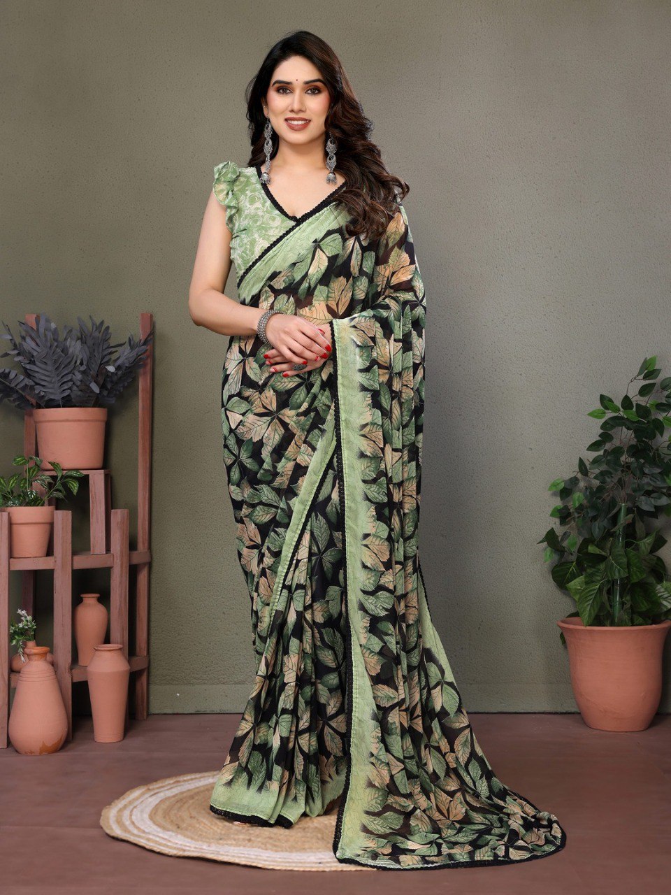 Green Soft Chiffon Saree With Printed Work And Lace Border