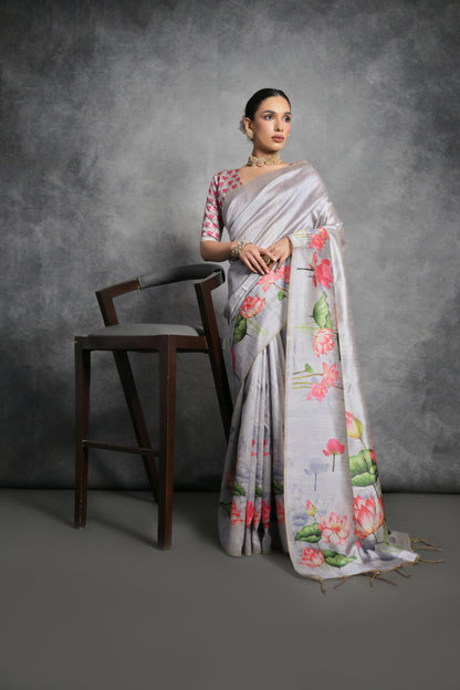 Gray Tussar Silk Saree with Lotus Floral Printed Work | Festive & Party Wear – JaipurSaaj