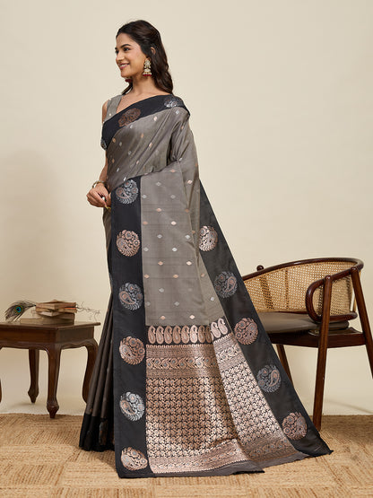 Gray Soft Silk Saree With Silver Banarasi Zari Weaving Work | Festive Wear – JaipurSaaj