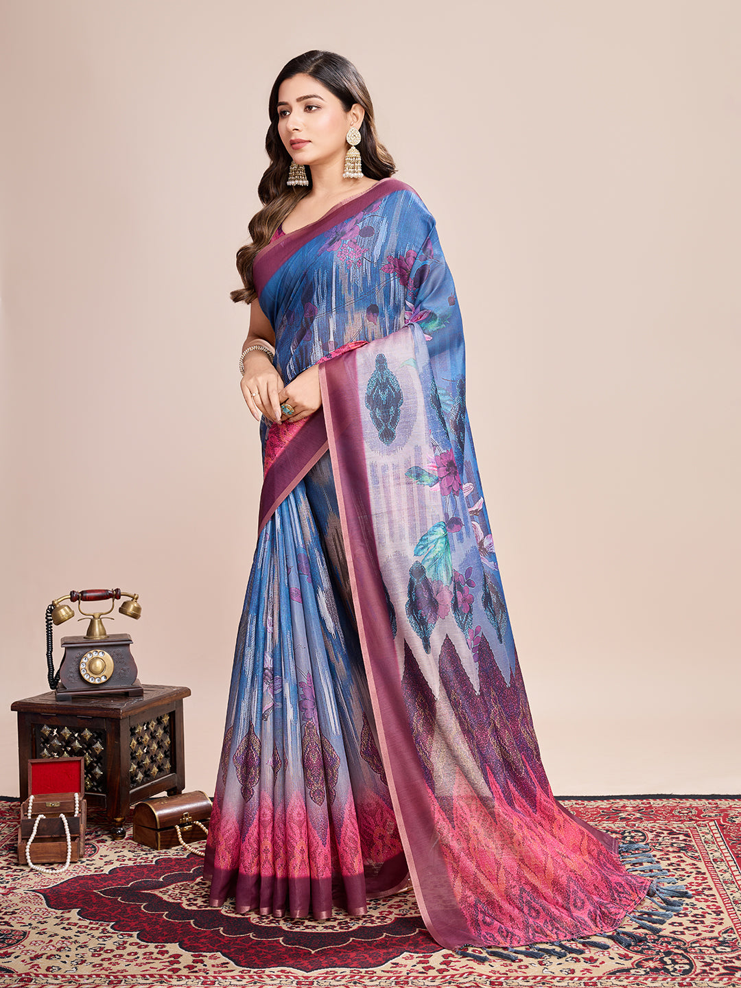 Blue Soft Linen Cotton Saree With Floral Printed Work
