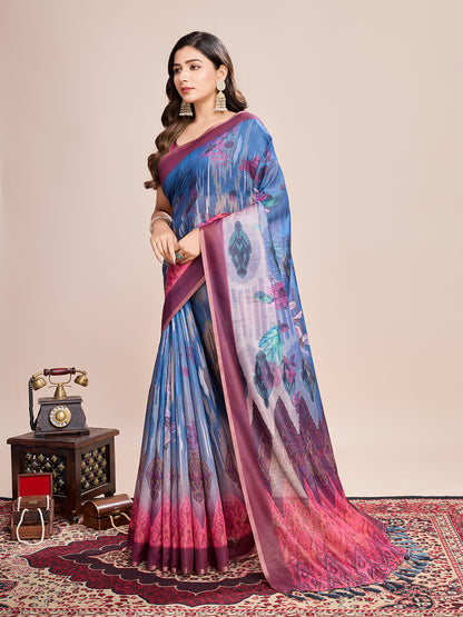 Blue Soft Linen Cotton Saree With Floral Printed Work