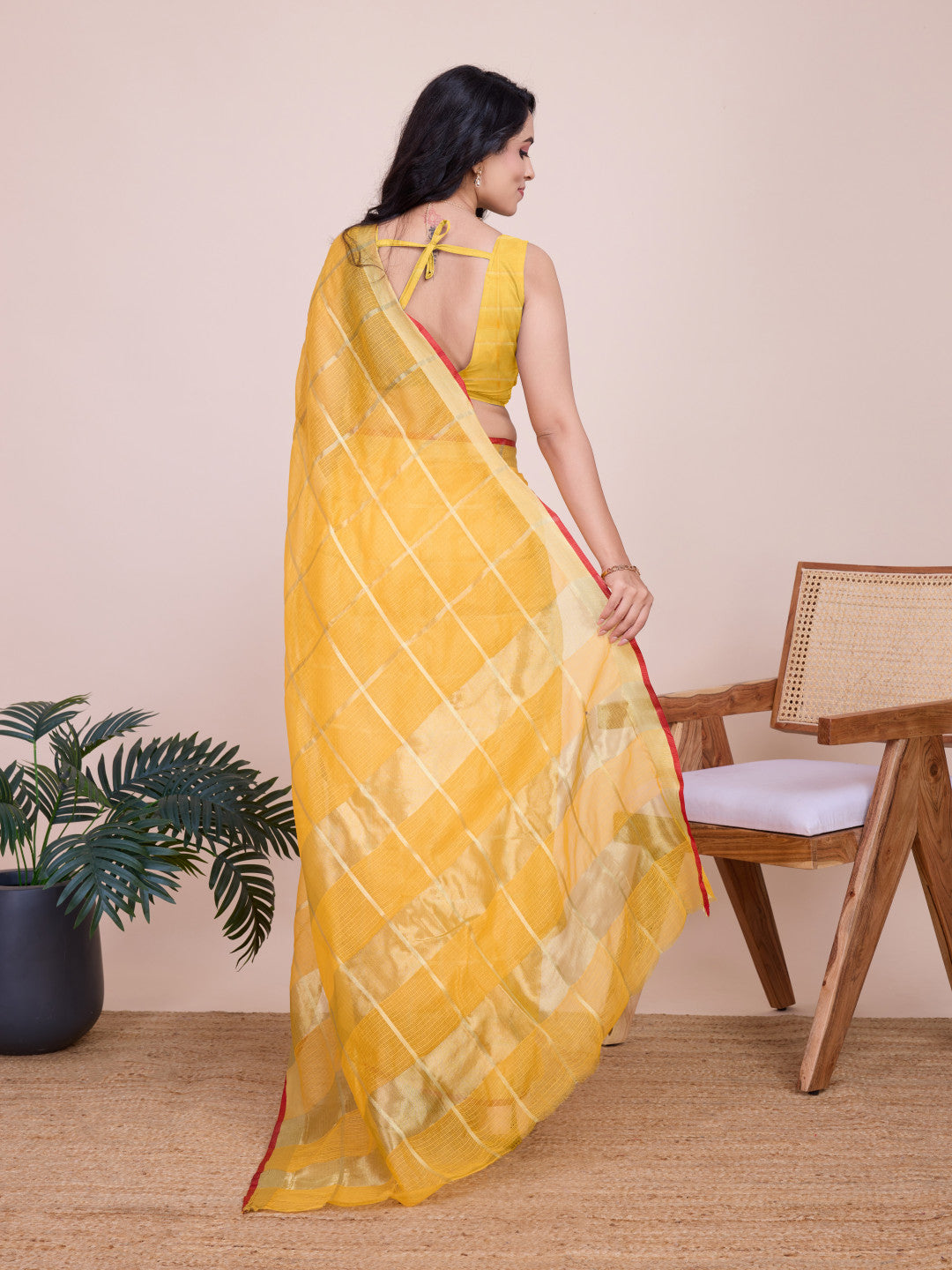 Yellow Kota Doriya Saree With Zari Weaving Work