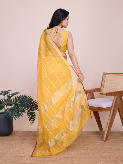 Yellow Kota Doriya Saree With Zari Weaving Work