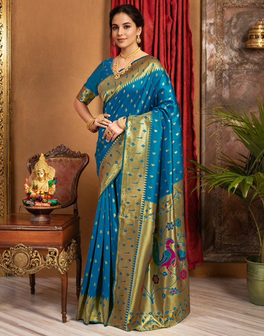 Traditional Firoji Paithani Silk Saree With Zari Weaving Work