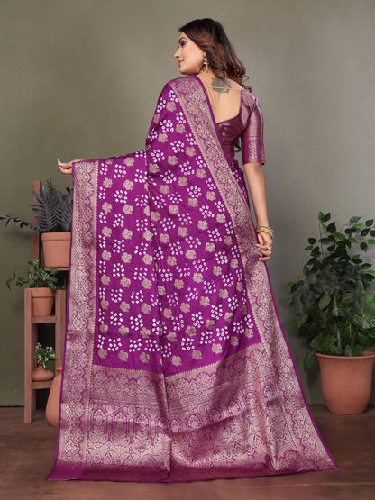 Magenta Bandhej Silk Saree With Zari Weaving Work | Wedding & Festive Wear – JaipurSaaj
