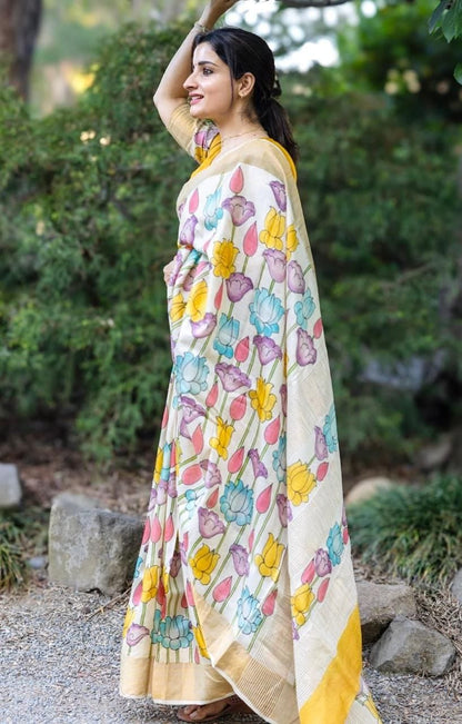 Multi Color Plain Mix Linen Cotton Saree With Digital Printed Work