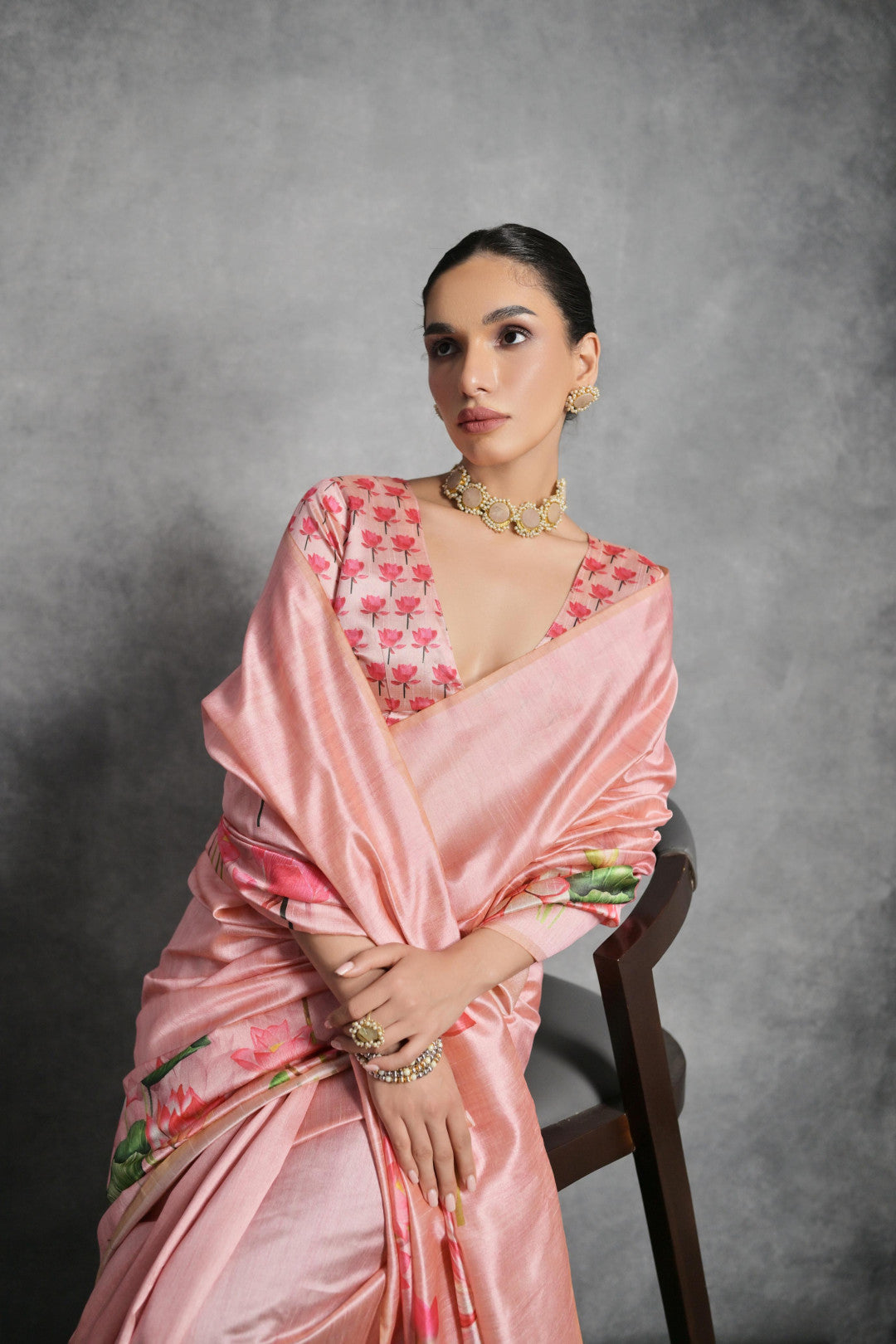 Peach Tussar Silk Saree with Lotus Floral Printed Work | Festive & Party Wear – JaipurSaaj