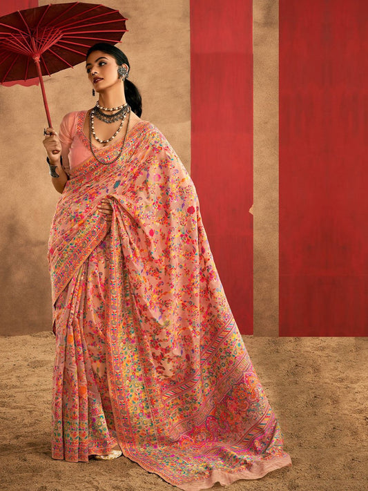 Peach Traditional Pashmina Silk Saree With Woven Design