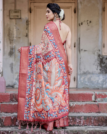 Multi Kalamakari Floral Printed Tussar Silk Saree With Zari Motif Border | Festive Ethnic Wear – JaipurSaaj