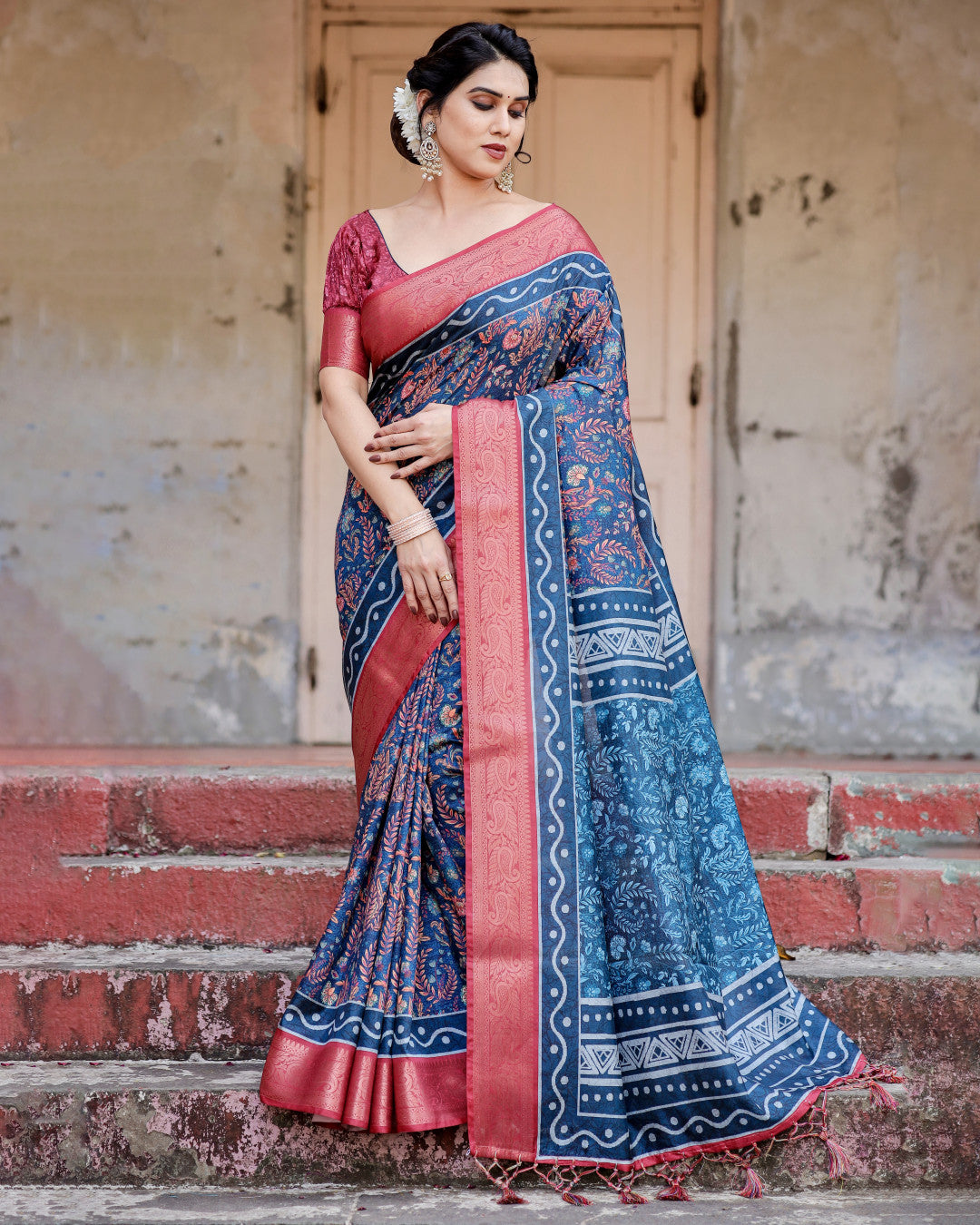 Navy Blue Tussar Silk Saree With Digital Kalamkari Print & Zari Motif Border | Casual & Festive Wear – JaipurSaaj