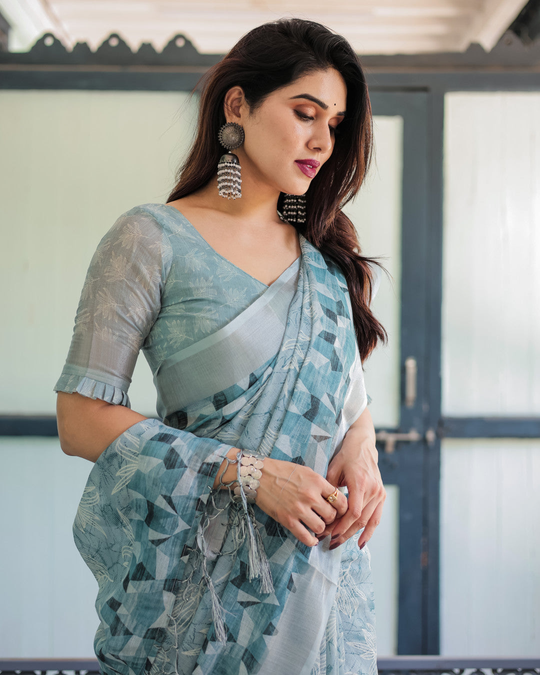 Sky Blue Summer Special Digital Printed Linen Cotton Saree