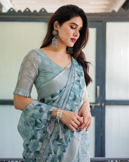 Sky Blue Summer Special Digital Printed Linen Cotton Saree