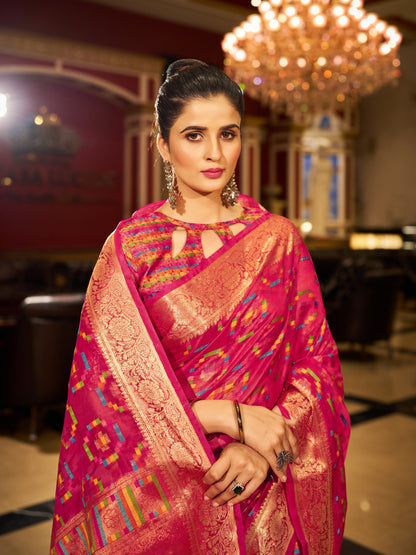 Pink Green Organza Silk Saree with Zari Weaving Work | Wedding & Festive Wear – JaipurSaaj