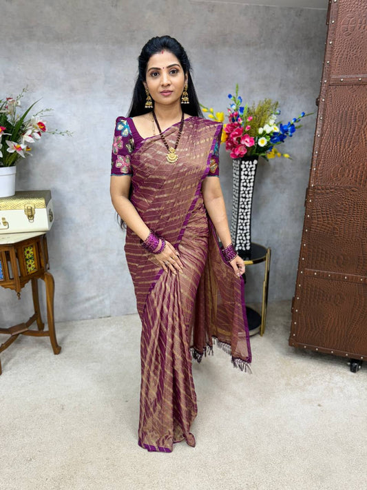 Magenta Brasso Silk Saree With Foil Work