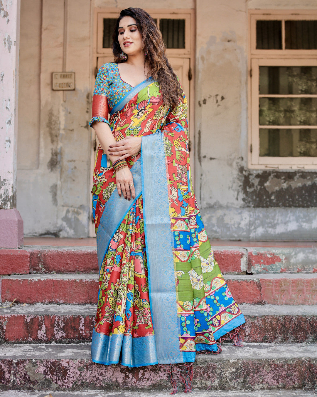 Multi Color Kalamkari Digital Printed Tussar Silk Saree | Designer Festive Ethnic Wear – JaipurSaaj