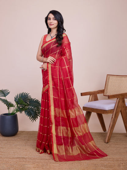 Red Kota Doriya Saree With Zari Weaving Work