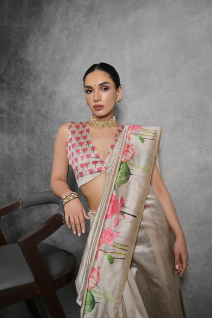 Beige Tussar Silk Saree with Lotus Floral Printed Work | Festive & Party Wear – JaipurSaaj