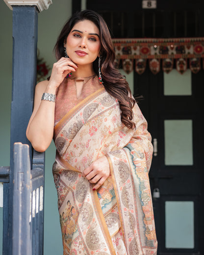 Off White Soft Linen Cotton Saree with Kalamkari Printed Work | Summer Casual & Ethnic Wear – JaipurSaaj