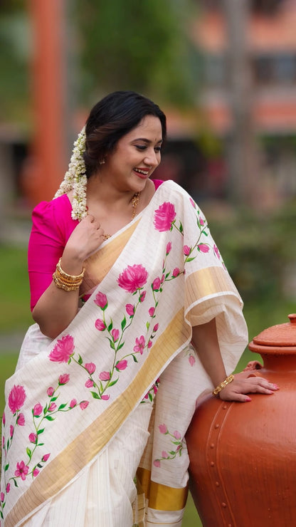 White Plain Mix Linen Cotton Saree With Digital Printed Work