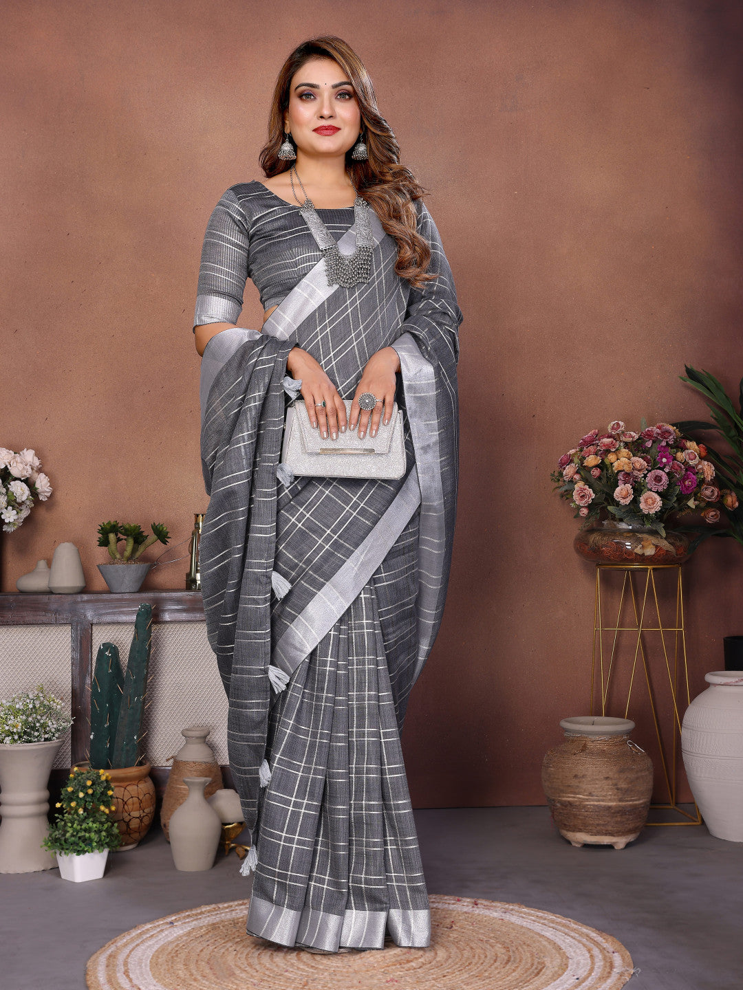Gray Linen Cotton Saree With Silver Zari Border