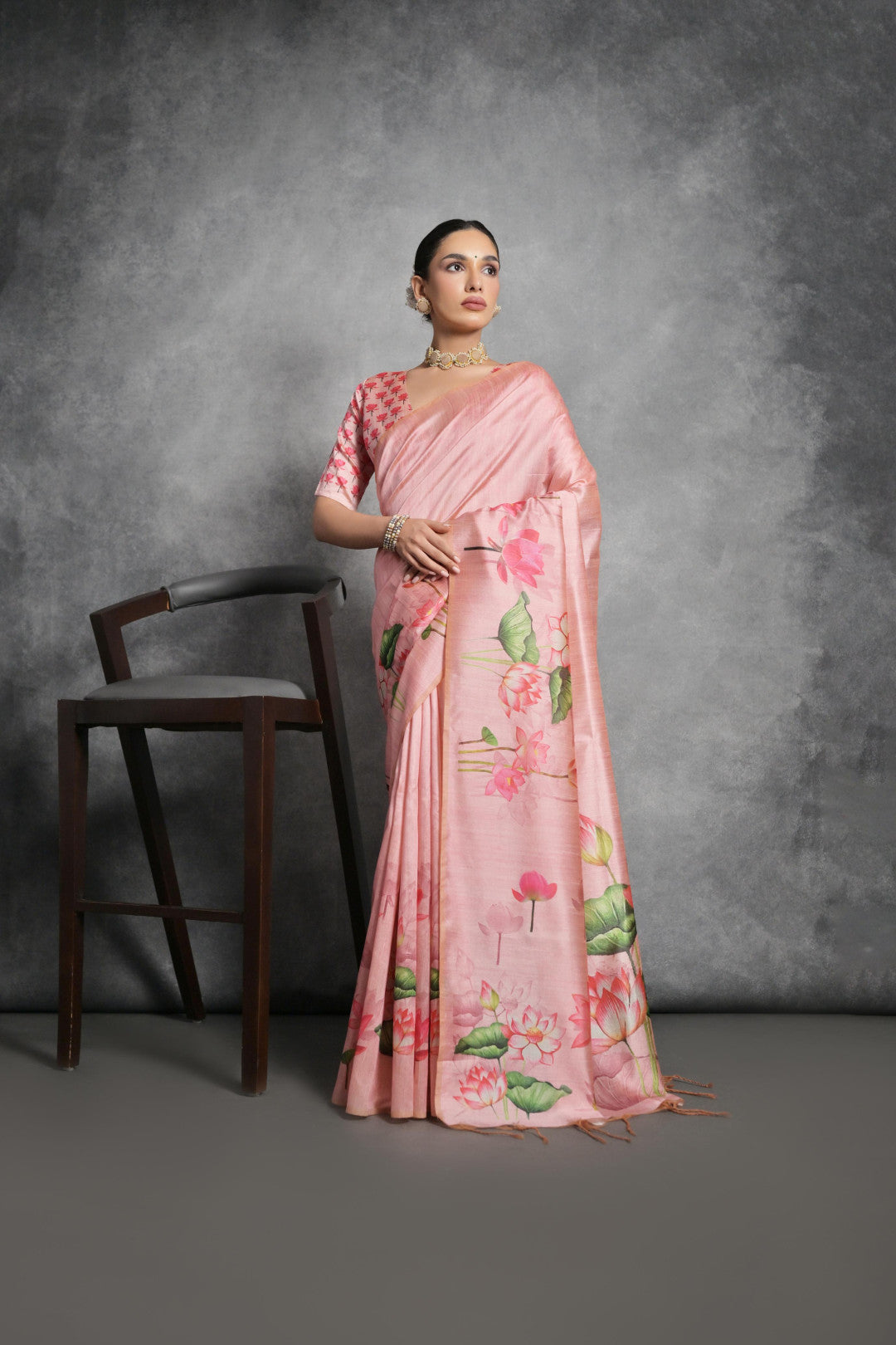 Peach Tussar Silk Saree with Lotus Floral Printed Work | Festive & Party Wear – JaipurSaaj