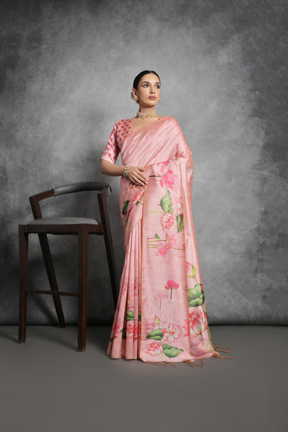 Peach Tussar Silk Saree with Lotus Floral Printed Work | Festive & Party Wear – JaipurSaaj