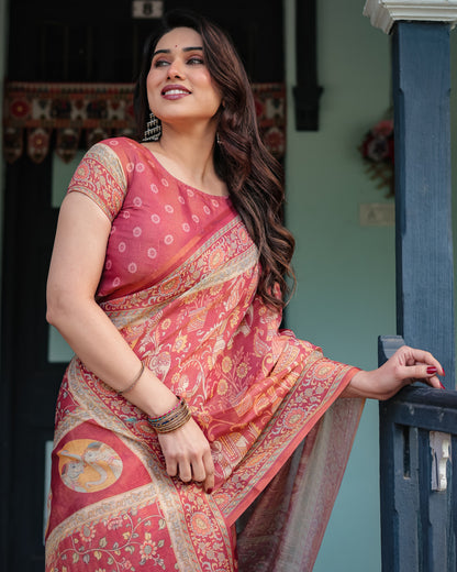 Pink Kalamkari Printed Linen Cotton Saree | Summer Casual & Ethnic Wear – JaipurSaaj