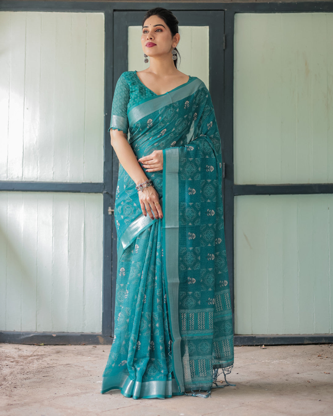 Rama Green Digital Printed Linen Cotton Saree | Summer Special Casual & Office Wear – JaipurSaaj