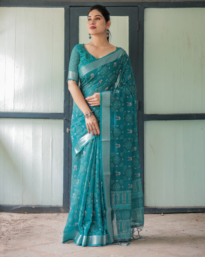 Rama Green Digital Printed Linen Cotton Saree | Summer Special Casual & Office Wear – JaipurSaaj