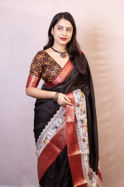 Black Dola Silk Saree With Beautiful Madhubani Printed Pallu Work