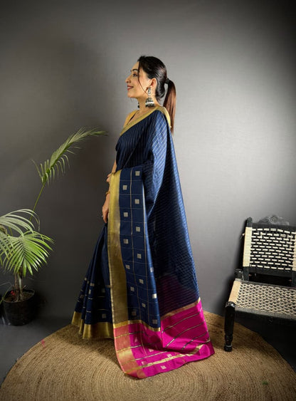 Navy Blue Soft Cotton Silk Saree With Zari Weaving Work