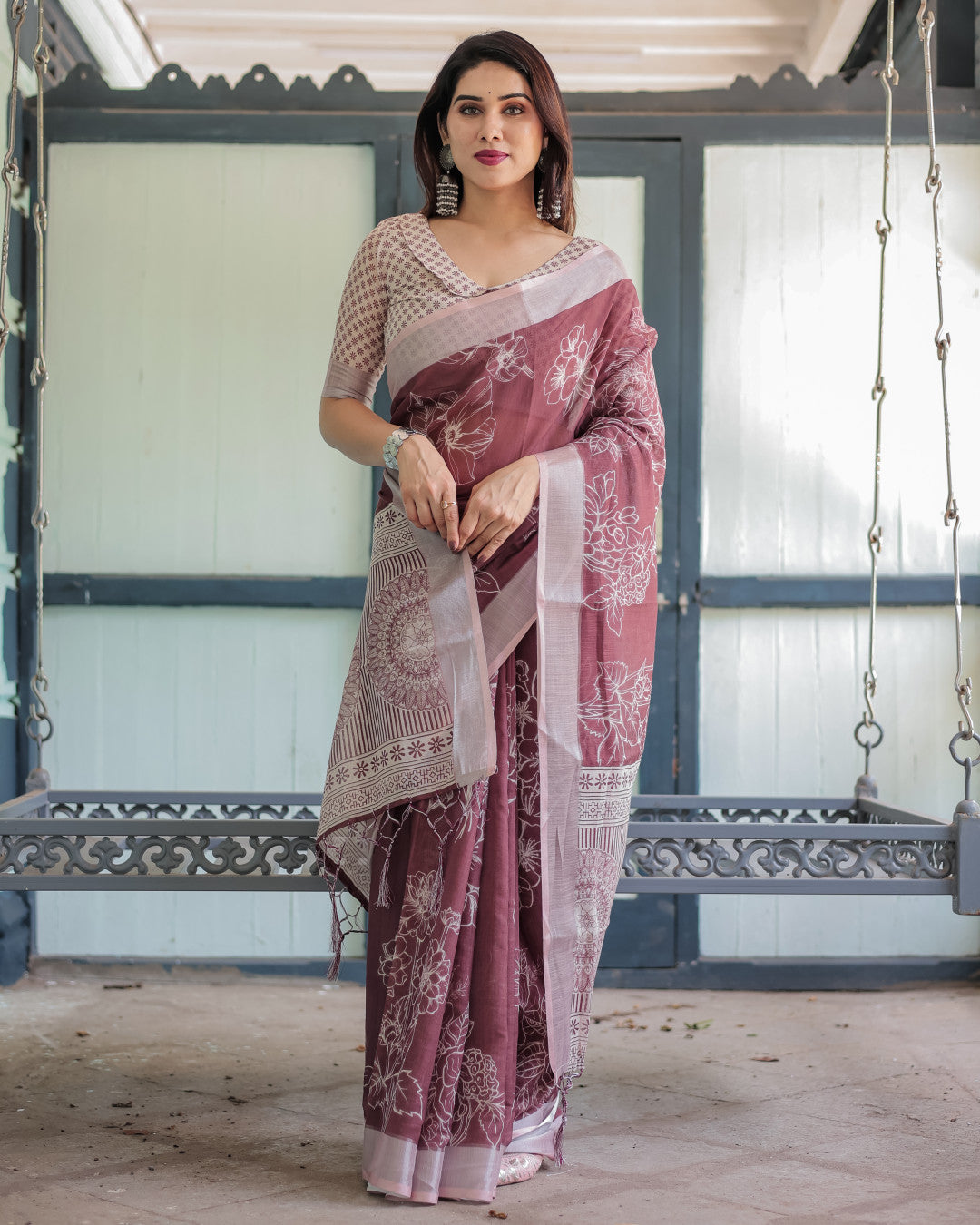 Maroon Digital Printed Linen Cotton Saree | Summer Special Office & Casual Wear – JaipurSaaj