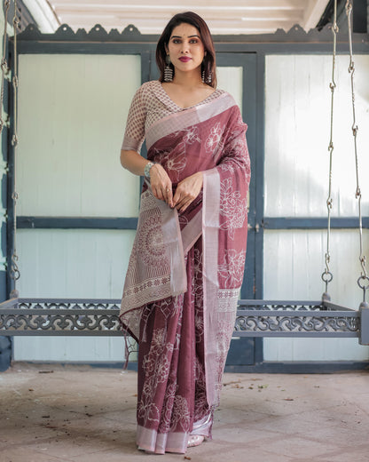 Maroon Digital Printed Linen Cotton Saree | Summer Special Office & Casual Wear – JaipurSaaj