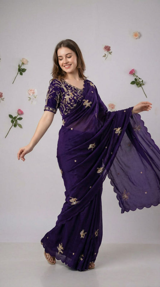 Purple Fandy Satin Silk Saree With Heavy Shine Hand Work And Cutwork Border
