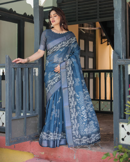 Blue Soft Linen Cotton Saree With Digital Printed Work