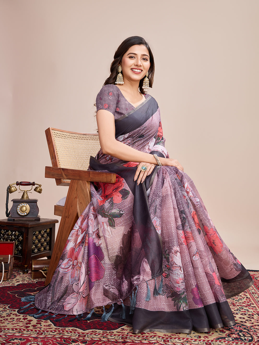 Fancy Multi Soft Linen Cotton Saree With Floral Printed Work