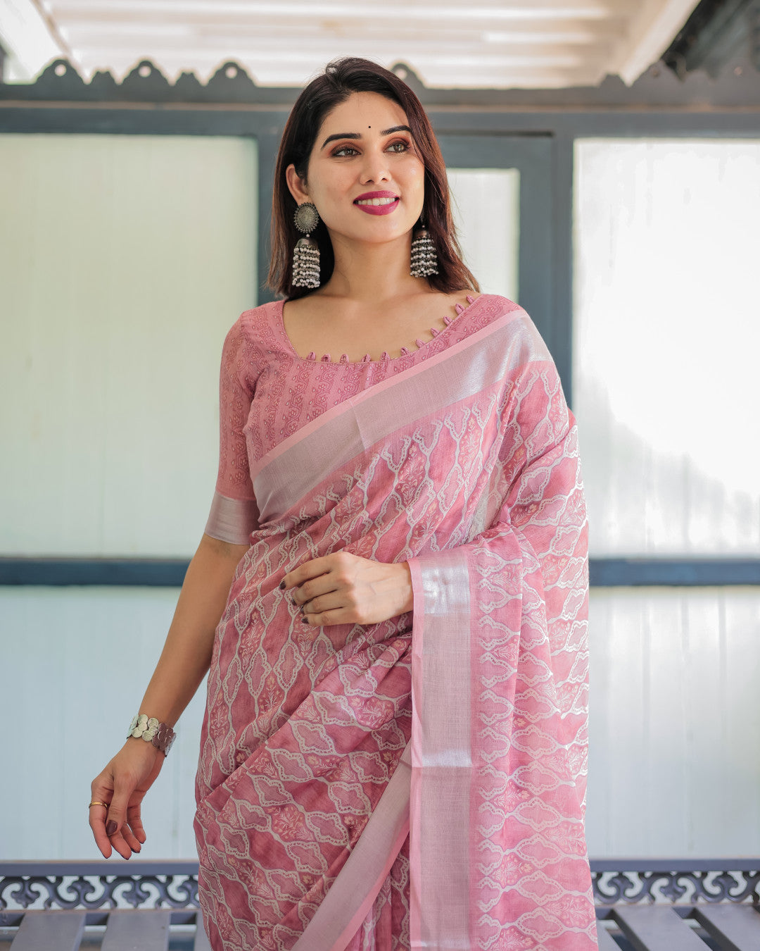 Baby Pink Summer Special Digital Printed Linen Cotton Saree