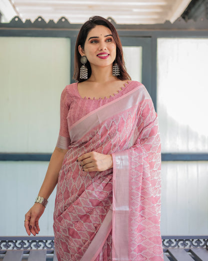 Baby Pink Summer Special Digital Printed Linen Cotton Saree