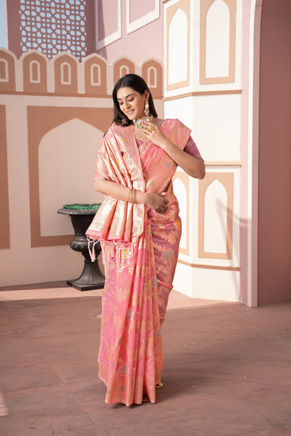 Baby Pink Banarasi Cotton Silk Saree With Zari Woven Work