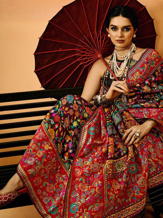 Black Traditional Pashmina Silk Saree With Woven Design