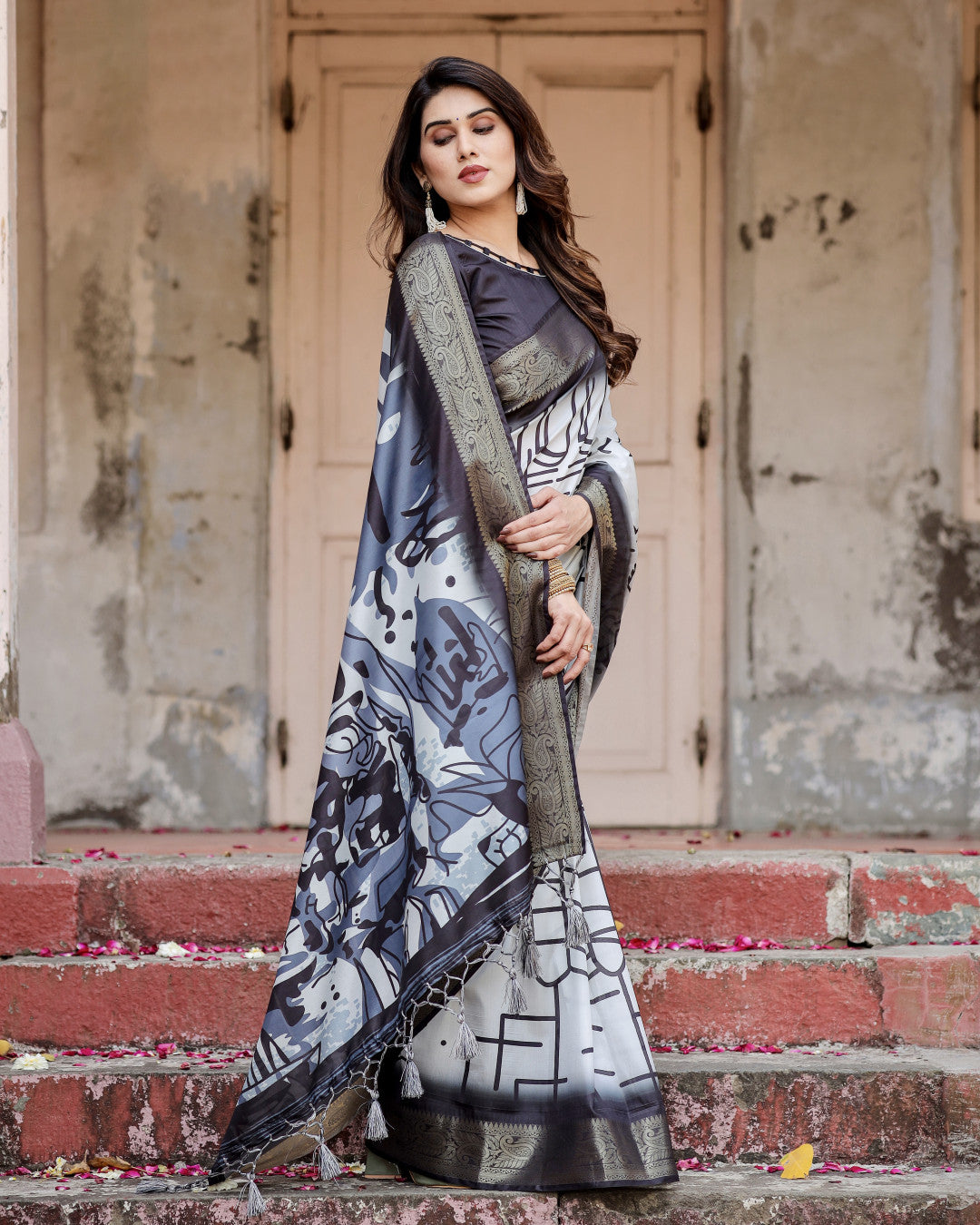 Multi Color Digital Printed Tussar Silk Saree With Zari Motif Border | Designer Festive Ethnic Wear – JaipurSaaj