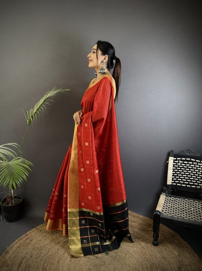 Red Soft Cotton Silk Saree With Zari Weaving Work