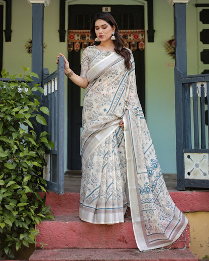 Multi Color Digital Printed Linen Cotton Saree | Summer Special Casual & Office Wear – JaipurSaaj