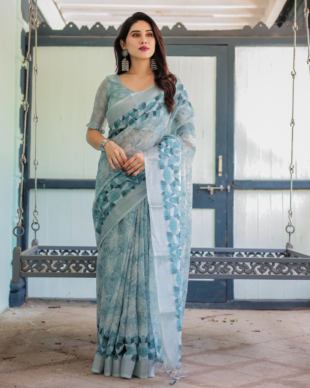 Sky Blue Summer Special Digital Printed Linen Cotton Saree