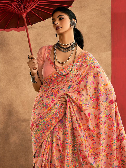 Peach Traditional Pashmina Silk Saree With Woven Design