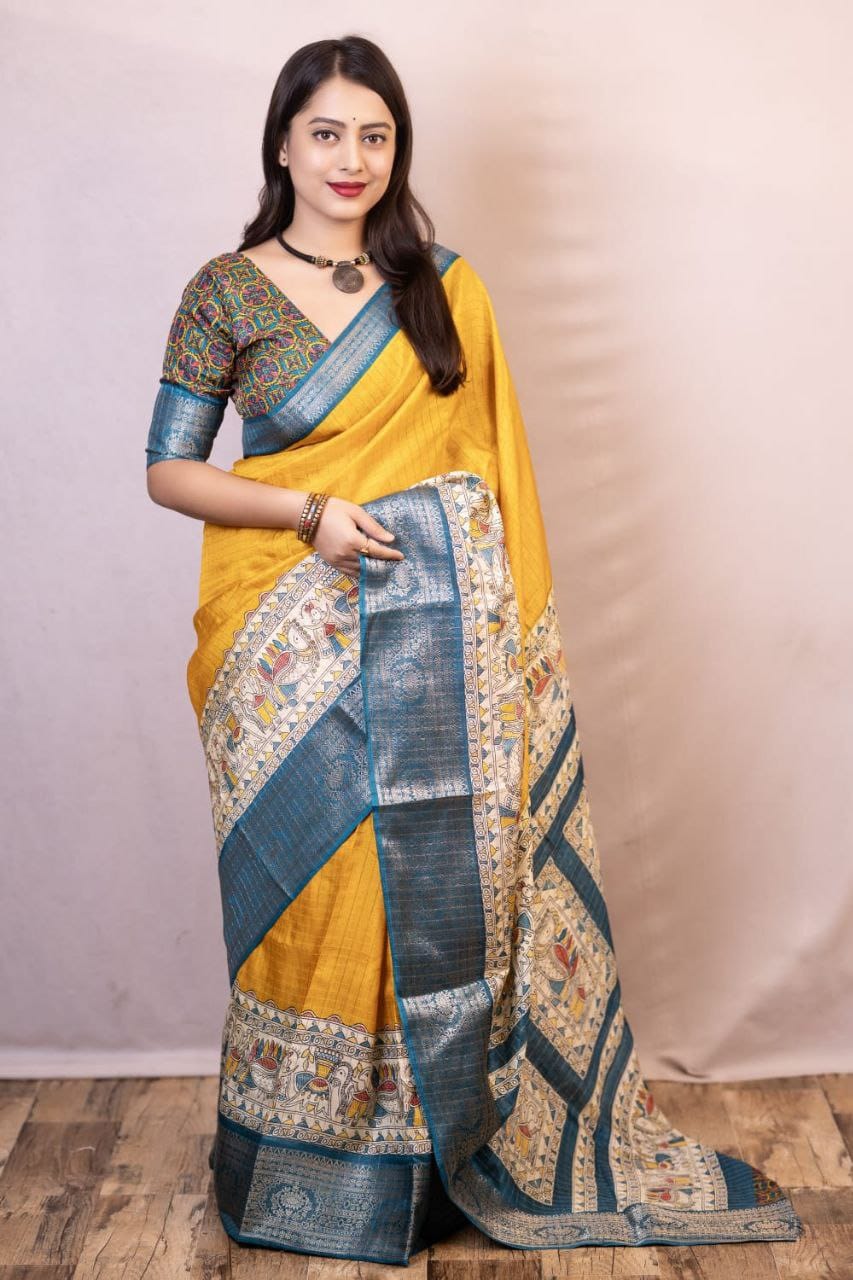 Yellow Dola Silk Saree With Beautiful Madhubani Printed Pallu Work