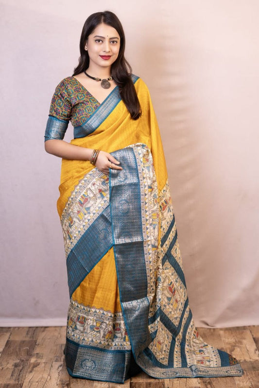 Yellow Dola Silk Saree With Beautiful Madhubani Printed Pallu Work