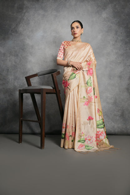 Yellow Tussar Silk Saree with Lotus Floral Printed Work | Festive & Party Wear – JaipurSaaj