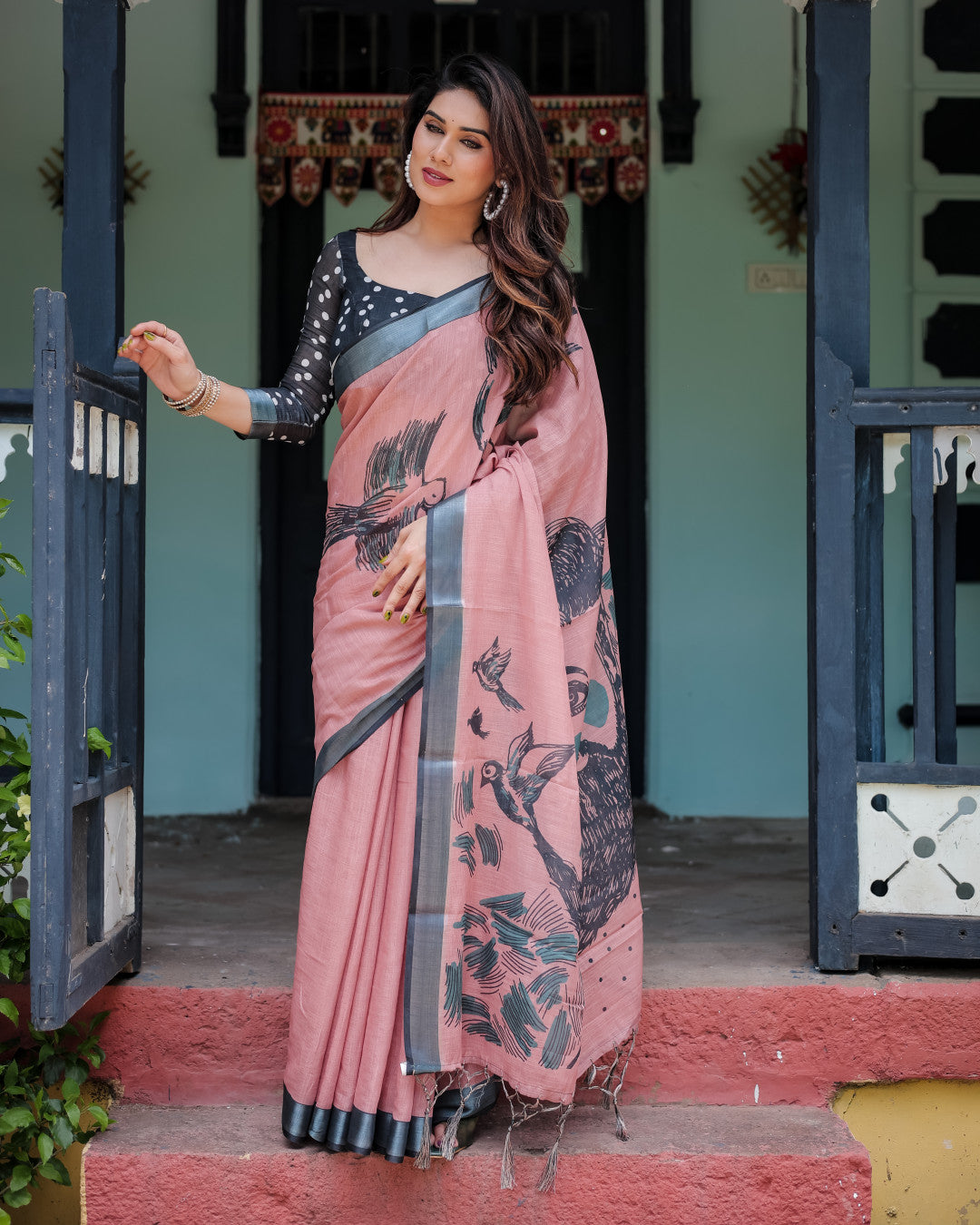 Pink Floral Digital Printed Linen Cotton Saree | Office & Casual Ethnic Wear – JaipurSaaj