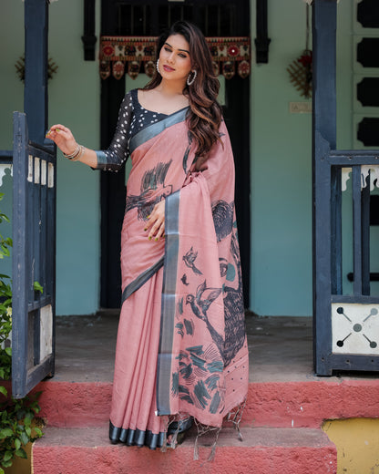 Pink Floral Digital Printed Linen Cotton Saree | Office & Casual Ethnic Wear – JaipurSaaj